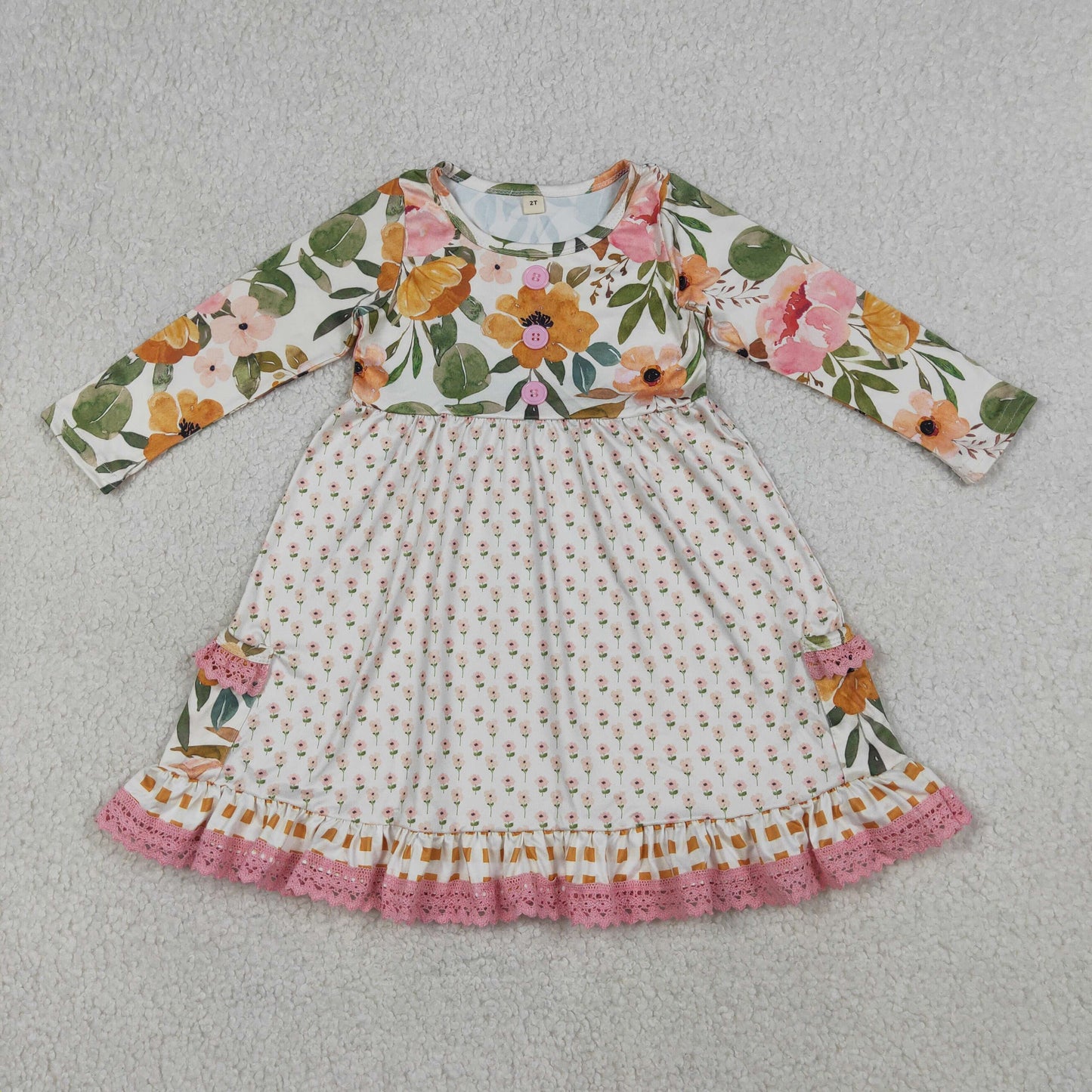 4.11  RTS NO MOQ （In stock ）Plaid short and long sleeves pocket ruffle kids girls summer dress