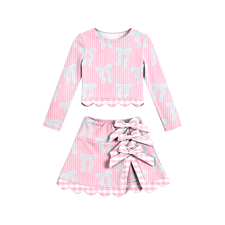 4.17 Pre order No Moq Baby Girls Pink Stripe Bows Top Short Skirt Yoga Active Scallop Clothes Sets