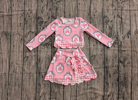 6.2 GLD1601 Sample No Moq Yoga Baby Girls Pink Stripe Scallop Edge Skort Summer Yoga Set