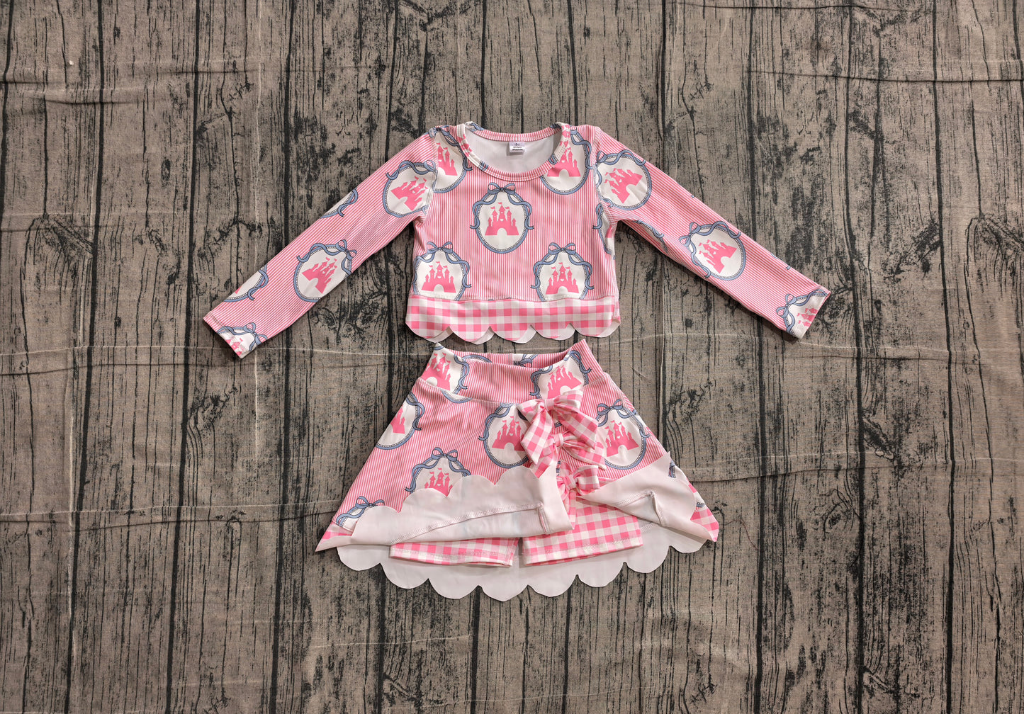 6.2 GLD1601 Sample No Moq Yoga Baby Girls Pink Stripe Scallop Edge Skort Summer Yoga Set