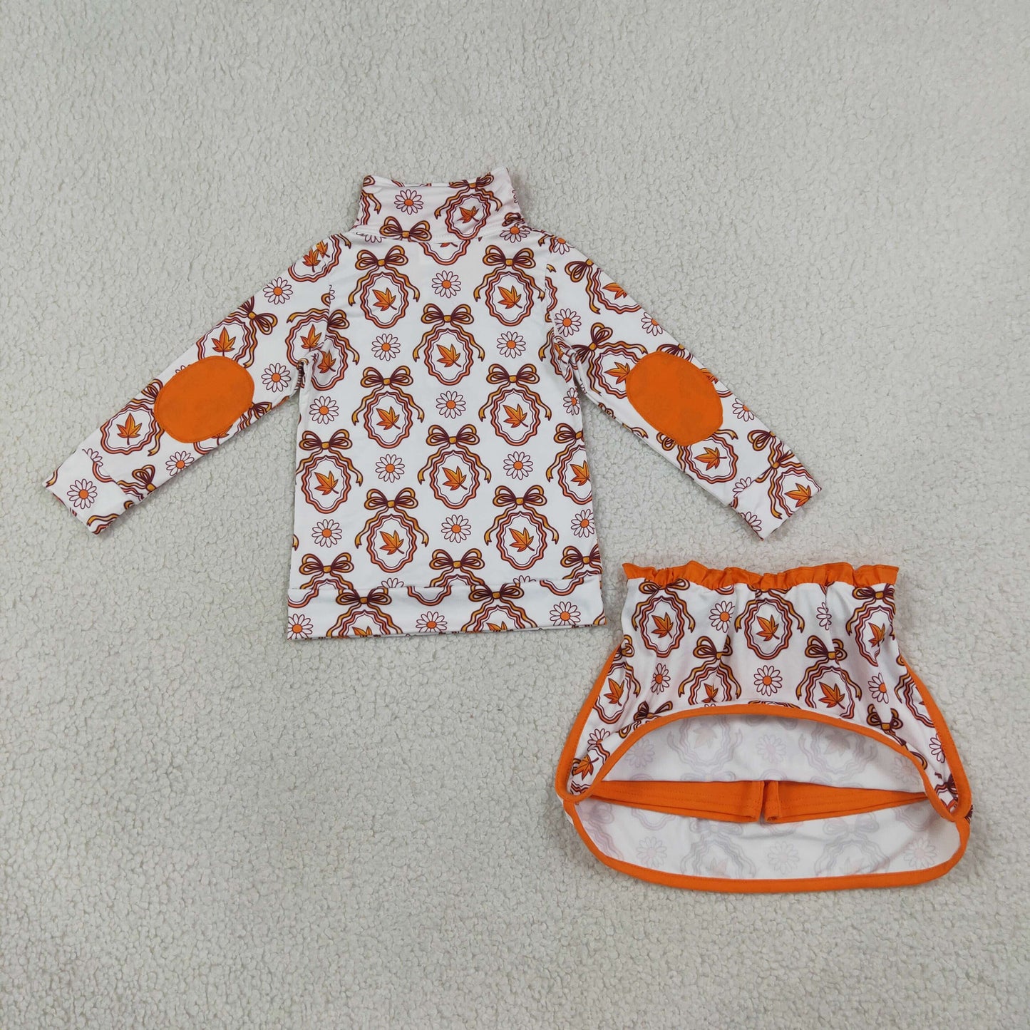 RTS NO MOQ （In stock）milk silk GLD1602 Baby Girls Long Sleeve Bow Leaf Print Zip Pullover Top Skirt Outfit