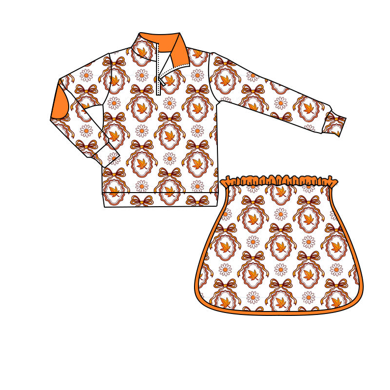 4.18 Pre order No Moq Baby Girls Long Sleeve Bows Leaves Zip Pullovers Skirt Short Fall Clothes Sets