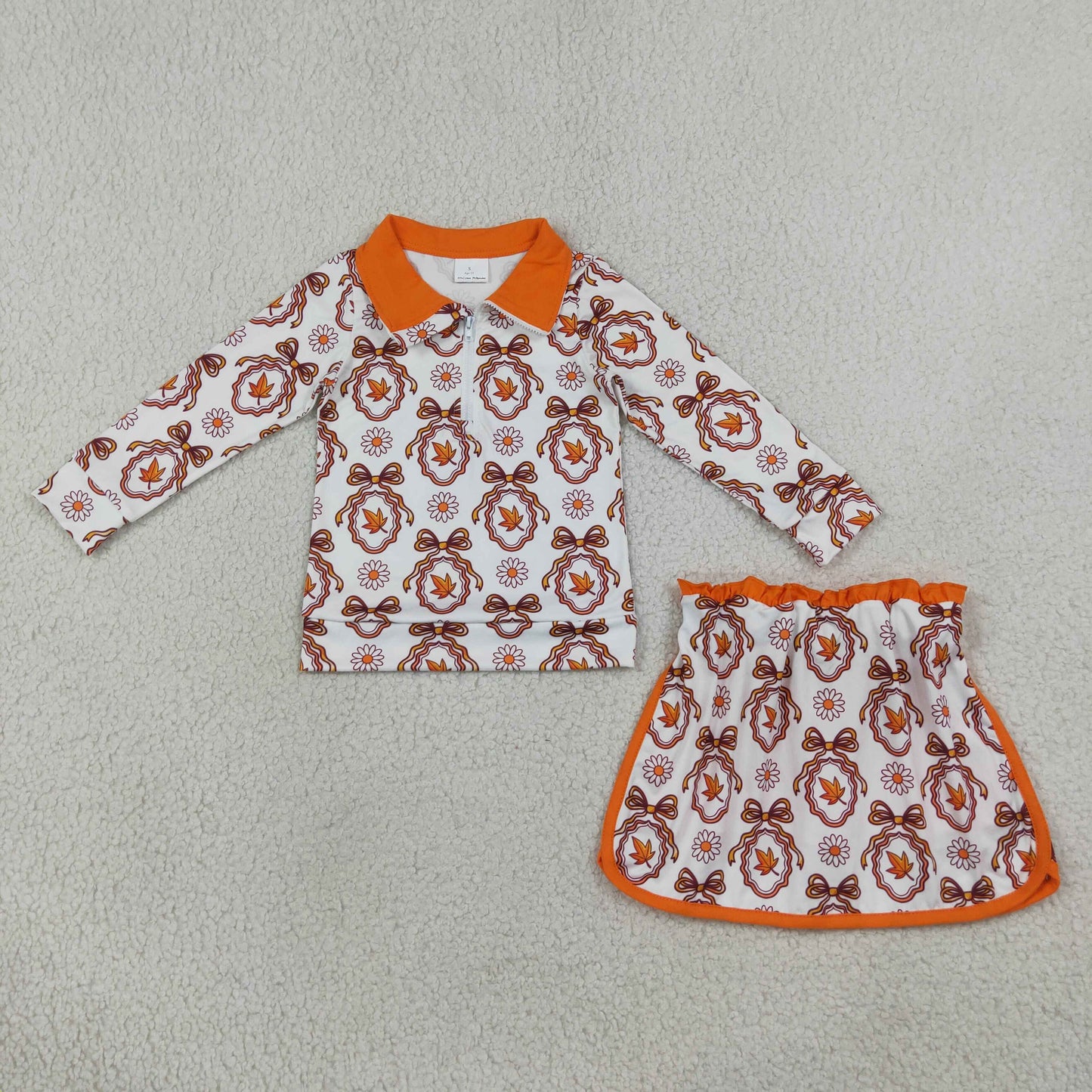 RTS NO MOQ （In stock）milk silk GLD1602 Baby Girls Long Sleeve Bow Leaf Print Zip Pullover Top Skirt Outfit