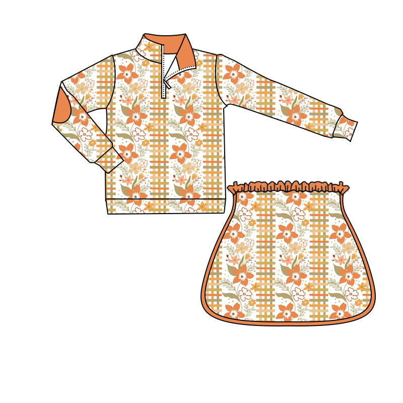 4.18 Pre order No Moq Baby Girls Long Sleeve Bows Leaves Zip Pullovers Skirt Short Fall Clothes Sets