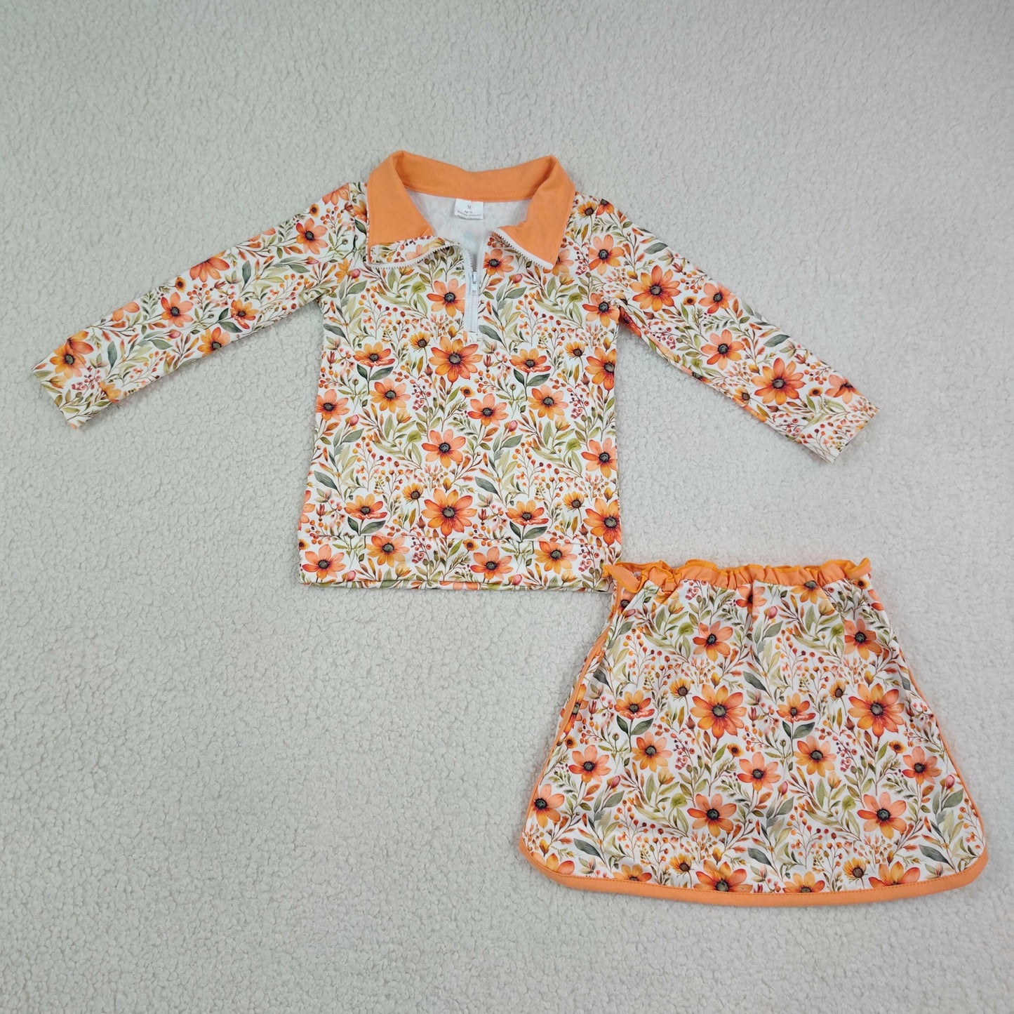 RTS Sibling Baby Girls Flower Print Zip Top Matching Scallop Skort Two Piece Christmas Clothes Set