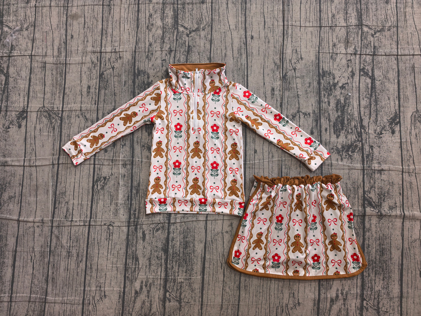 6.10 GLD1607 Sample No Moq Baby Girls Christmas Flower Gingerbread Bow Striped Zip Top Ruffle Short Skirt Daily Holiday Outfit