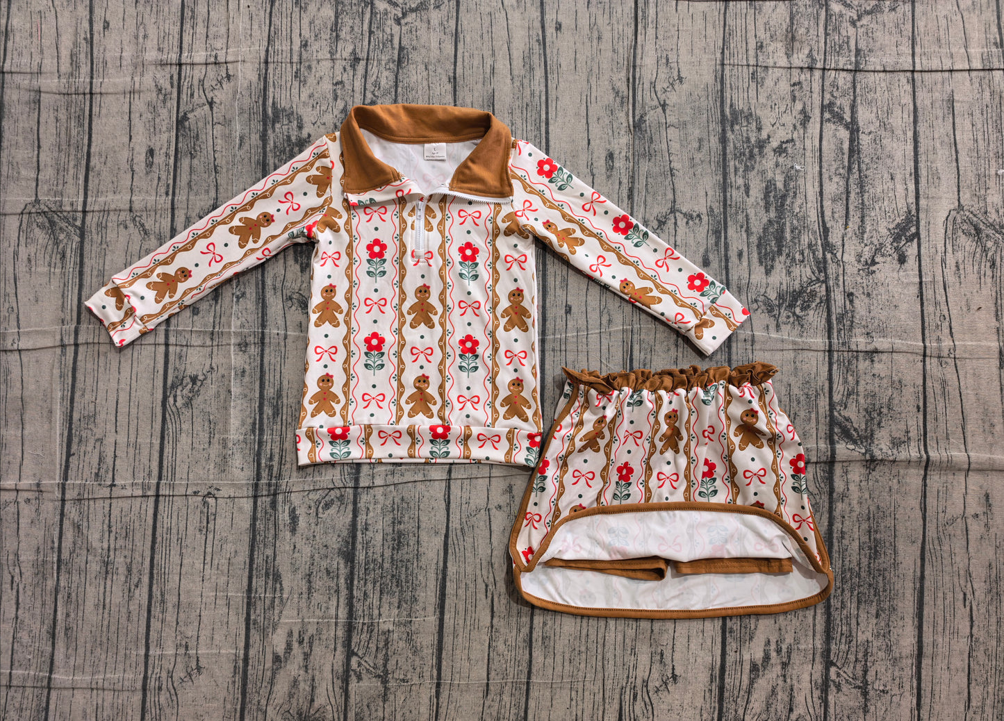 6.10 GLD1607 Sample No Moq Baby Girls Christmas Flower Gingerbread Bow Striped Zip Top Ruffle Short Skirt Daily Holiday Outfit