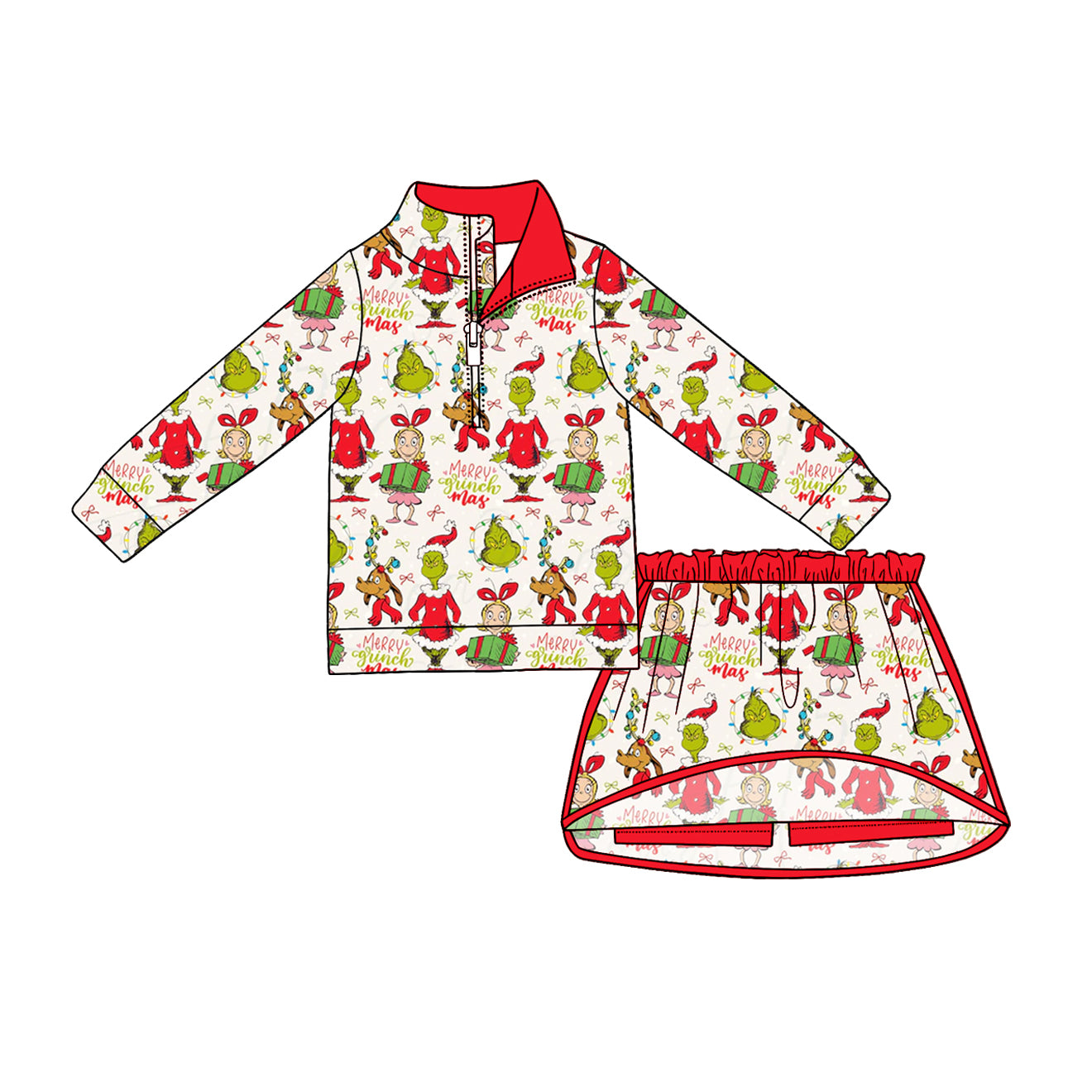 4.24 Pre order No Moq Baby Girls Stripe Zip Top Skirt Short Christmas Clothes Sets