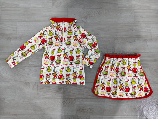 GLD1608 Sample No Moq Baby Girls Green Face Frogs Gifts Zip Top Skirt Short Christmas Clothes Sets