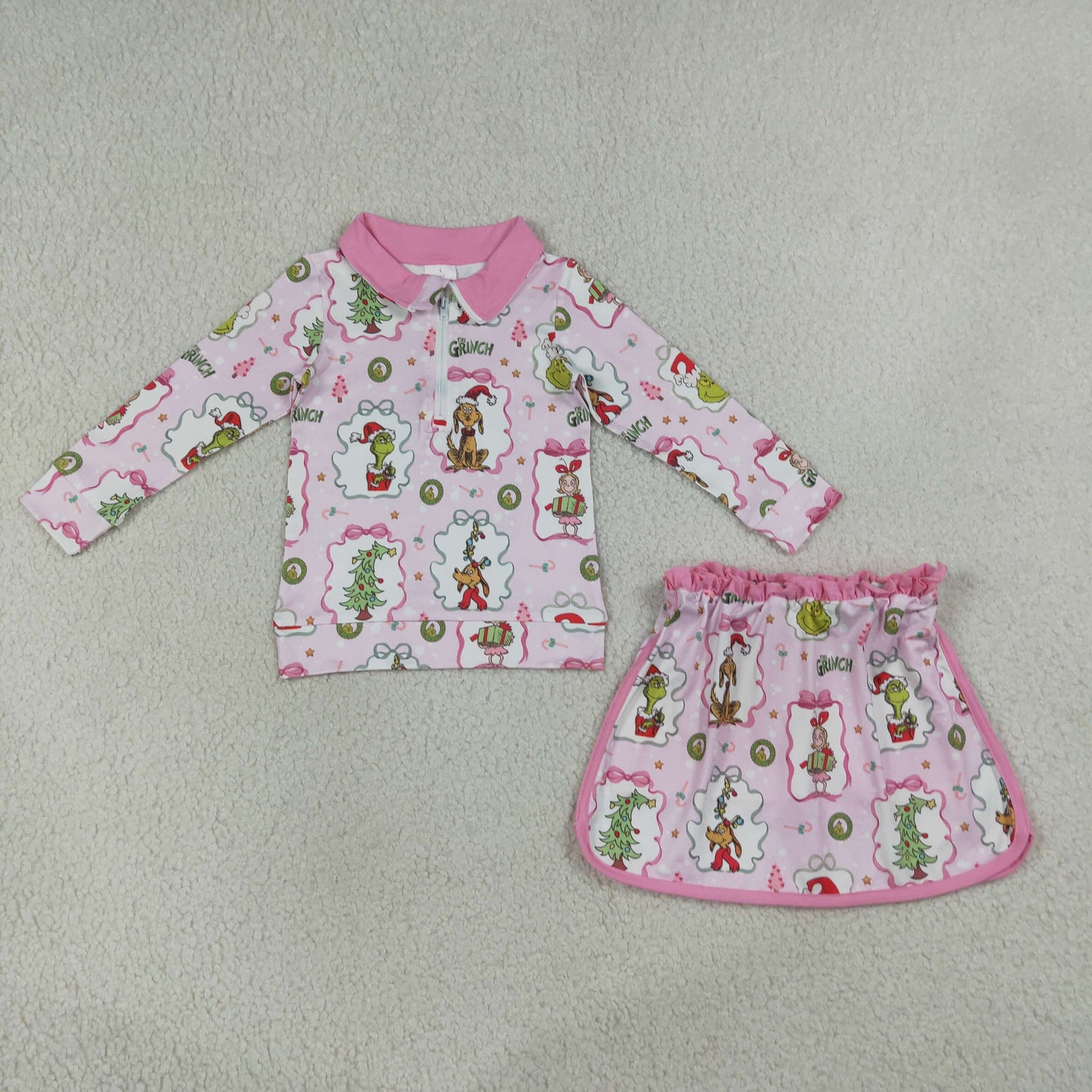 GLD1609 RTS NO MOQ （In stock） Baby Girls Christmas  Tree Print  Front Top Skort Two Piece Christmas Outfit Set