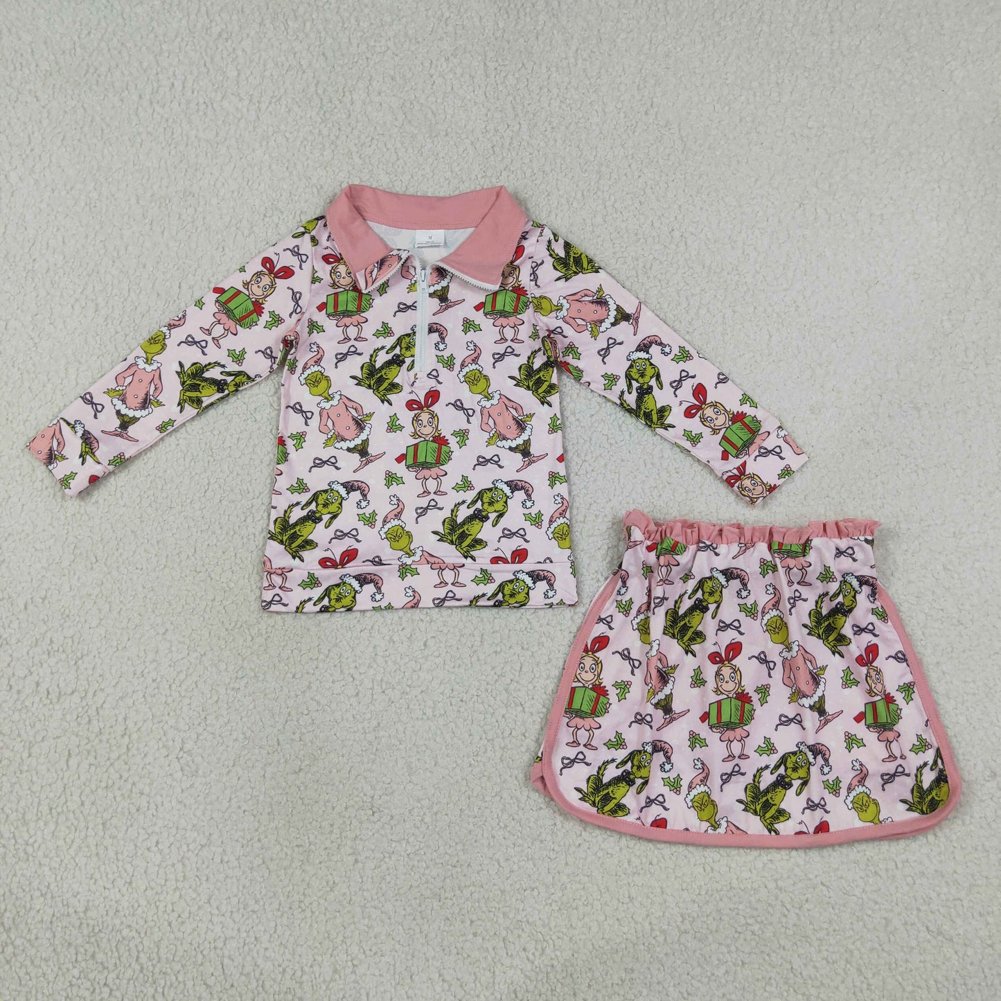 GLD1610 RTS NO MOQ （In stock）milk silk Cute Clothes Baby Girls Christmas Zip Up Top Short Skirt Winter Christmas Holiday Clothes Set