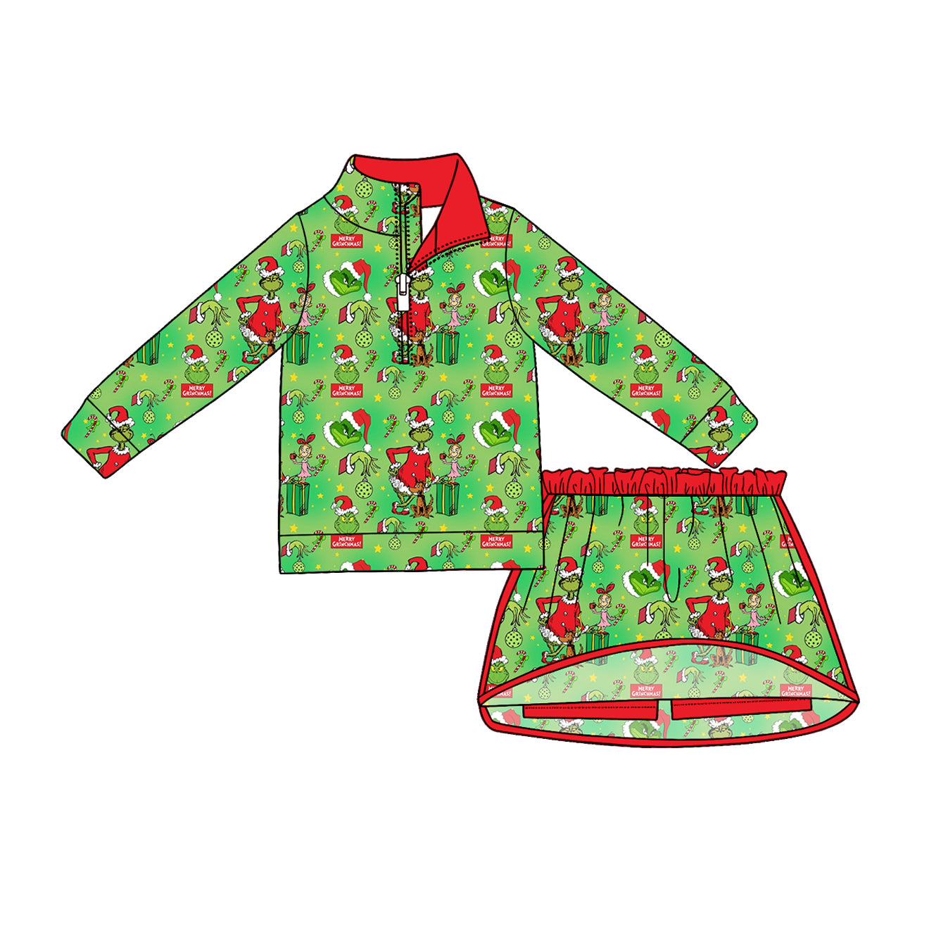 4.24 Pre order No Moq Baby Girls Stripe Zip Top Skirt Short Christmas Clothes Sets