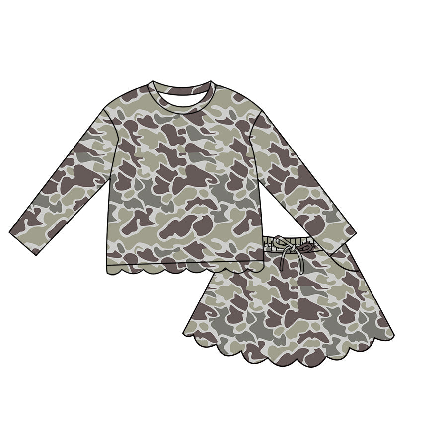 4.29 Pre order No Moq Baby Girls Casual Camo Long Sleeve Top Scallop Pockets Skirt Shorts Bottom Sets