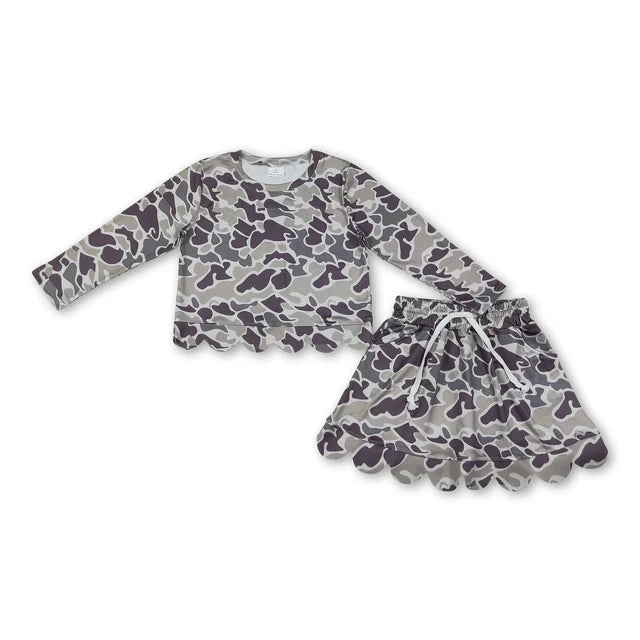 RTS NO MOQ Sibling milk silk Baby Girls Long Sleeve Camo Top Skirt Short Scallop Outfit