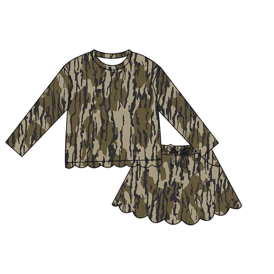 4.29 Pre order No Moq Baby Girls Casual Camo Long Sleeve Top Scallop Pockets Skirt Shorts Bottom Sets