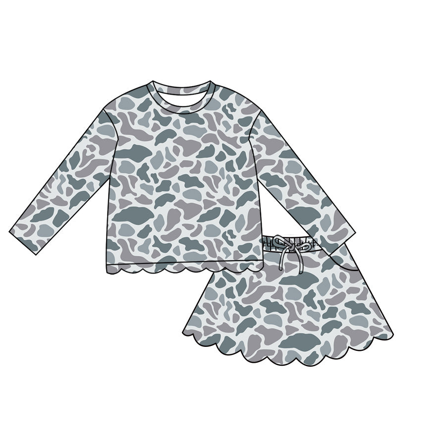 4.29 Pre order No Moq Baby Girls Casual Camo Long Sleeve Top Scallop Pockets Skirt Shorts Bottom Sets