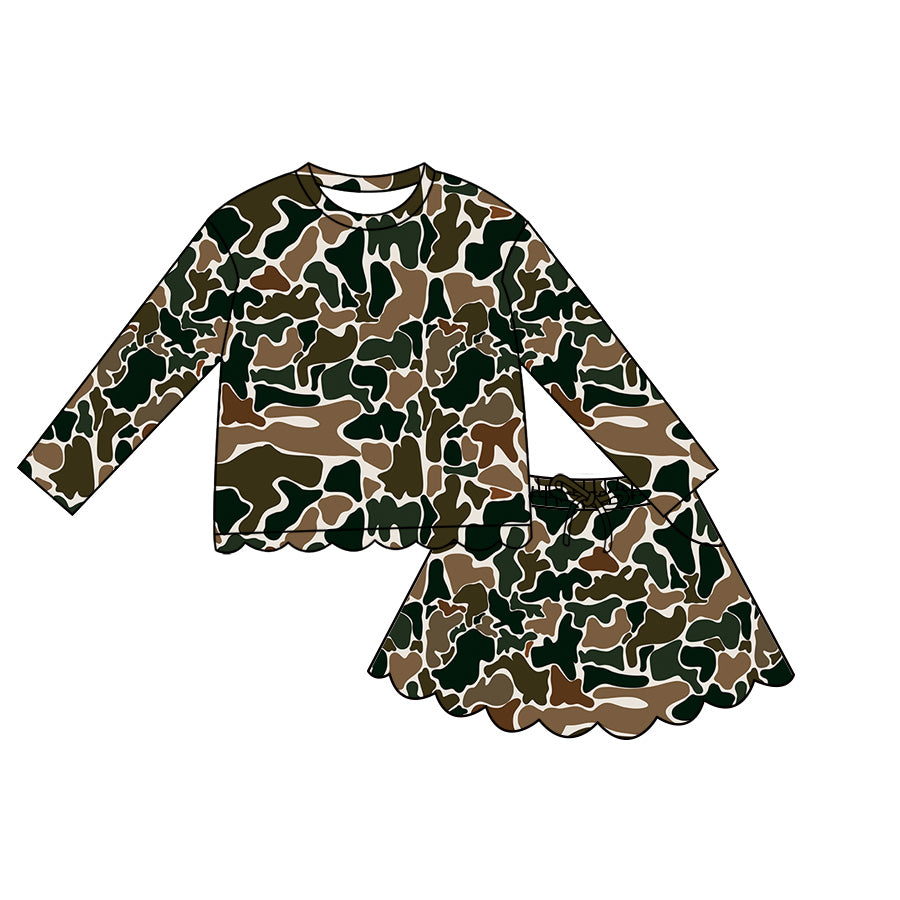 4.29 Pre order No Moq Baby Girls Casual Camo Long Sleeve Top Scallop Pockets Skirt Shorts Bottom Sets