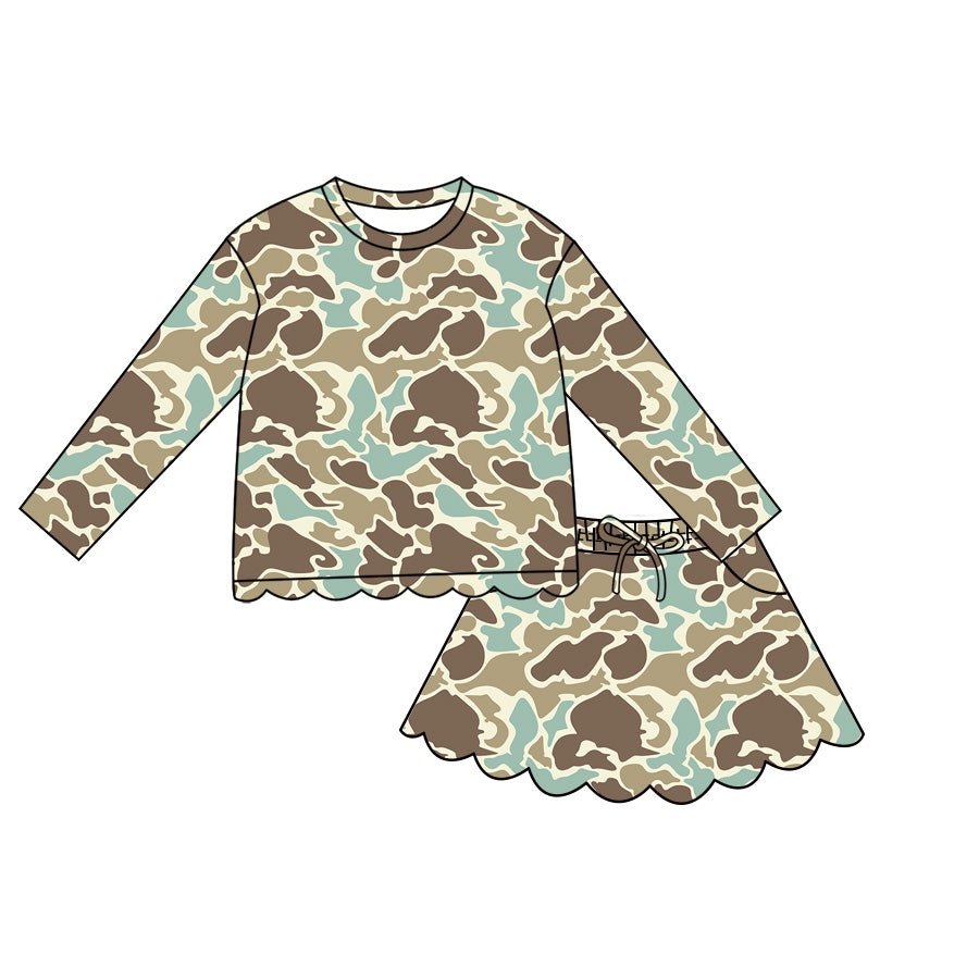 4.29 Pre order No Moq Baby Girls Casual Camo Long Sleeve Top Scallop Pockets Skirt Shorts Bottom Sets