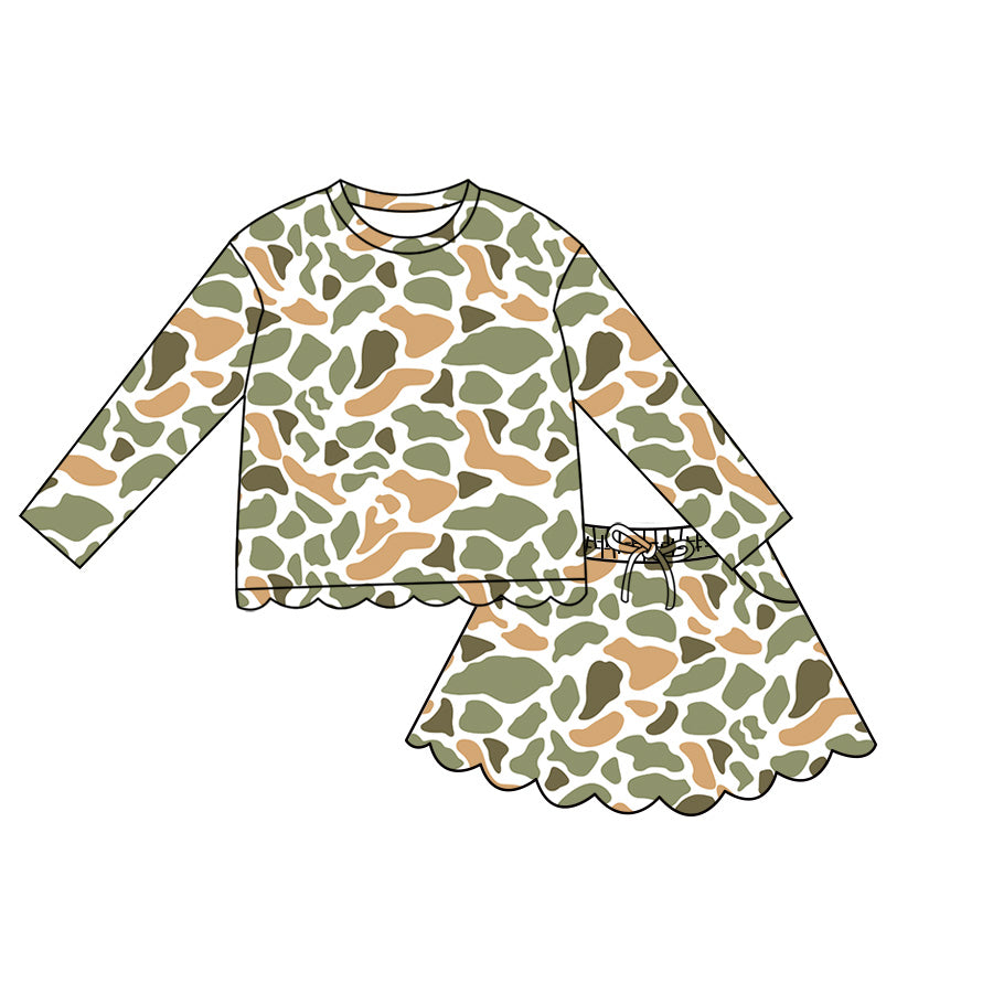 4.29 Pre order No Moq Baby Girls Casual Camo Long Sleeve Top Scallop Pockets Skirt Shorts Bottom Sets