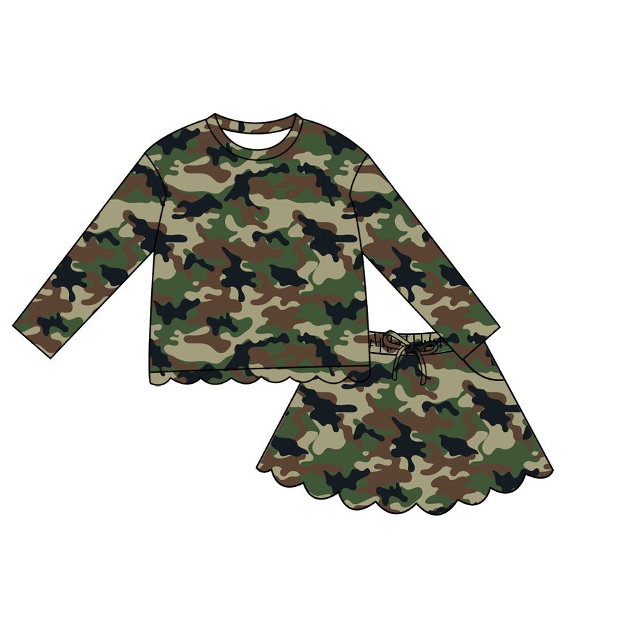 4.29 Pre order No Moq Baby Girls Casual Camo Long Sleeve Top Scallop Pockets Skirt Shorts Bottom Sets