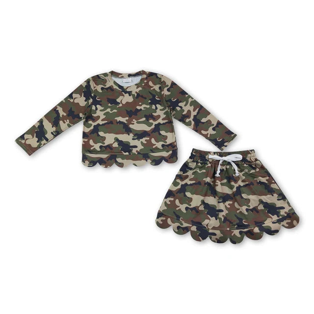 RTS NO MOQ Sibling milk silk Baby Girls Long Sleeve Camo Top Skirt Short Scallop Outfit