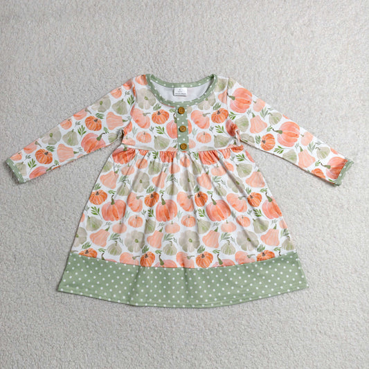 GLD1626 RTS NO MOQ （In stock）Baby Girls Long Sleeve Pumpkins Button Fall Knee Length Dresses