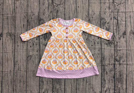 5.28 GLD1627 Sample No Moq Baby Girls Long Sleeve Bows Pumpkins Button Fall Knee Length Dresses