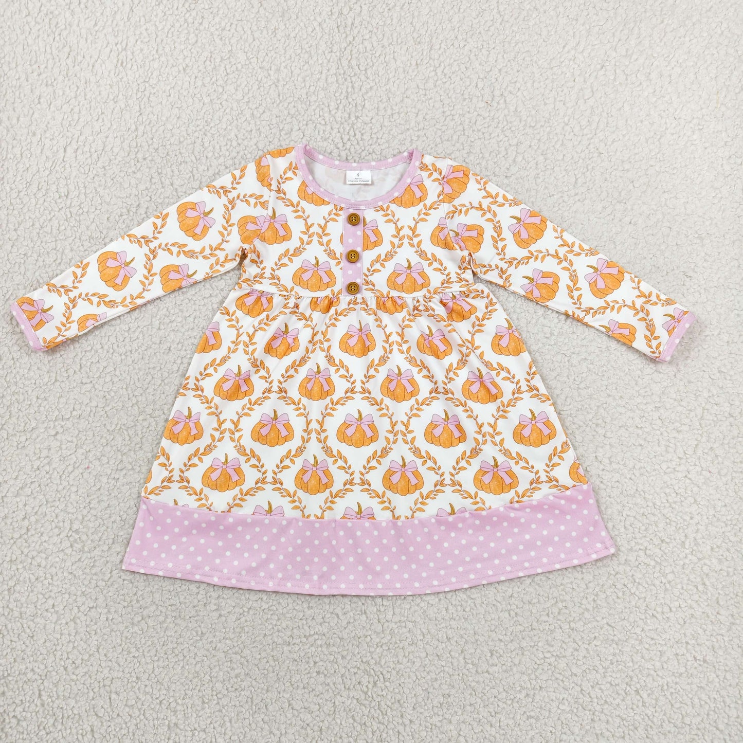 GSD4146 RTS NO MOQ （In stock）Baby Girls Long Sleeve Bows Pumpkins Button Fall Knee Length Dresses