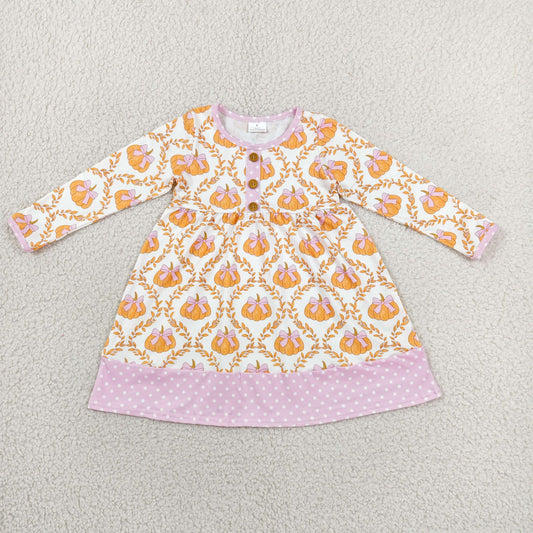 GSD4146 RTS NO MOQ （In stock）Baby Girls Long Sleeve Bows Pumpkins Button Fall Knee Length Dresses