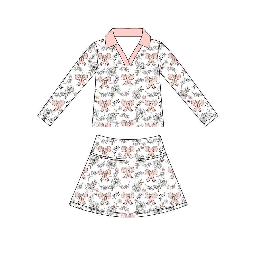 5.9 Pre order No Moq  Baby Girls Floral Bow Print Long Sleeve Top Casual Yoga Skirt Set