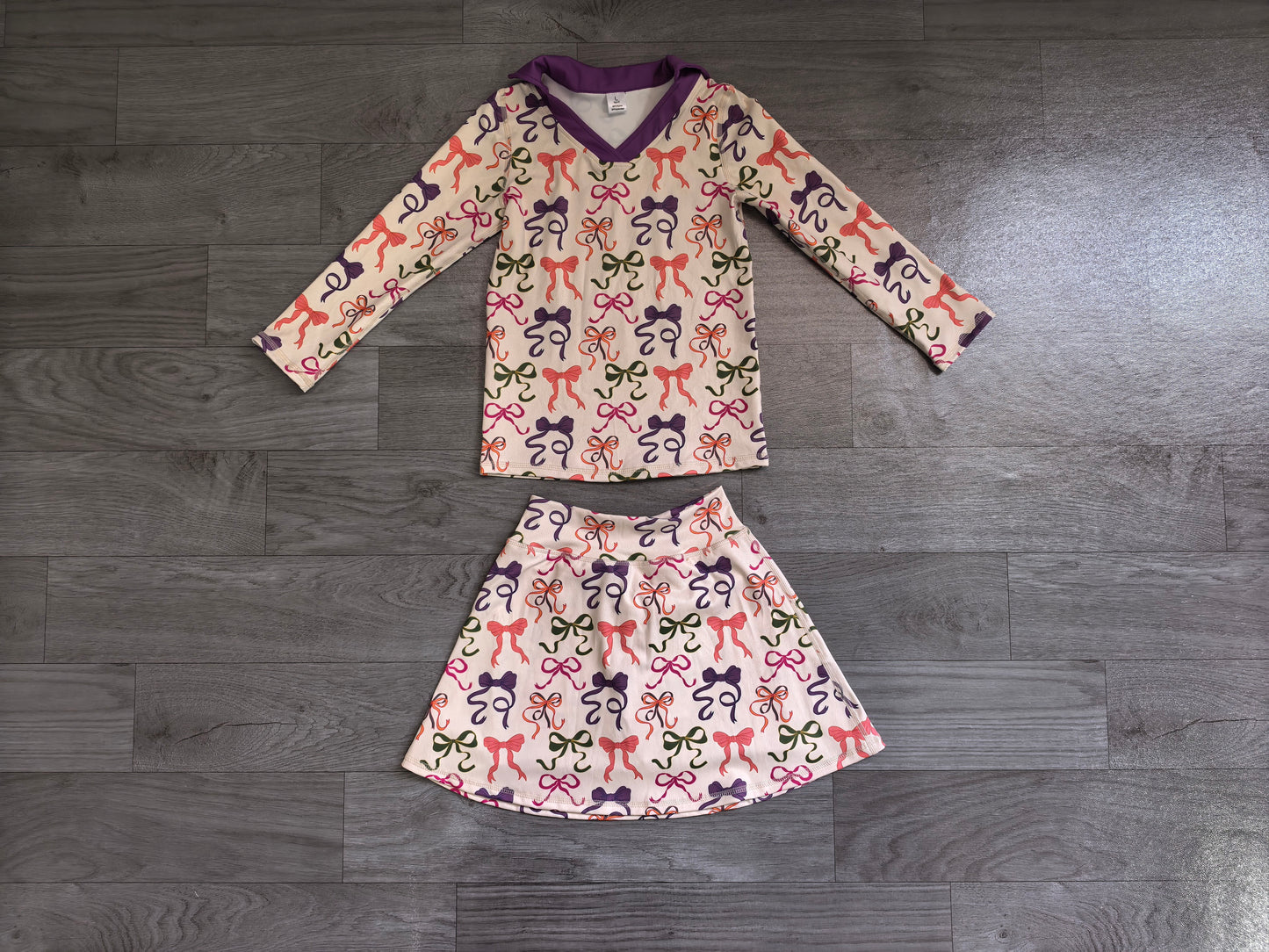 GLD1632 Sample No Moq Baby Girls Colorful Bows Long Sleeve Top Skirt Short Yoga Active Clothes Set