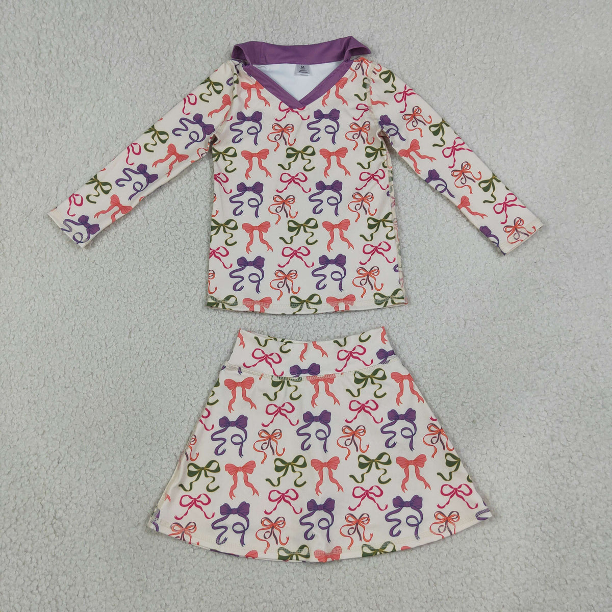 RTS NO MOQ （In stock）GLD1632 Baby Girls Colorful Bows Long Sleeve Top Skirt Short Yoga Active Clothes Set