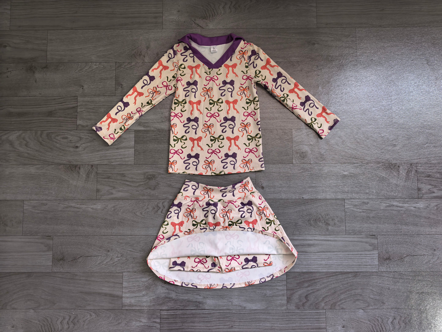 GLD1632 Sample No Moq Baby Girls Colorful Bows Long Sleeve Top Skirt Short Yoga Active Clothes Set