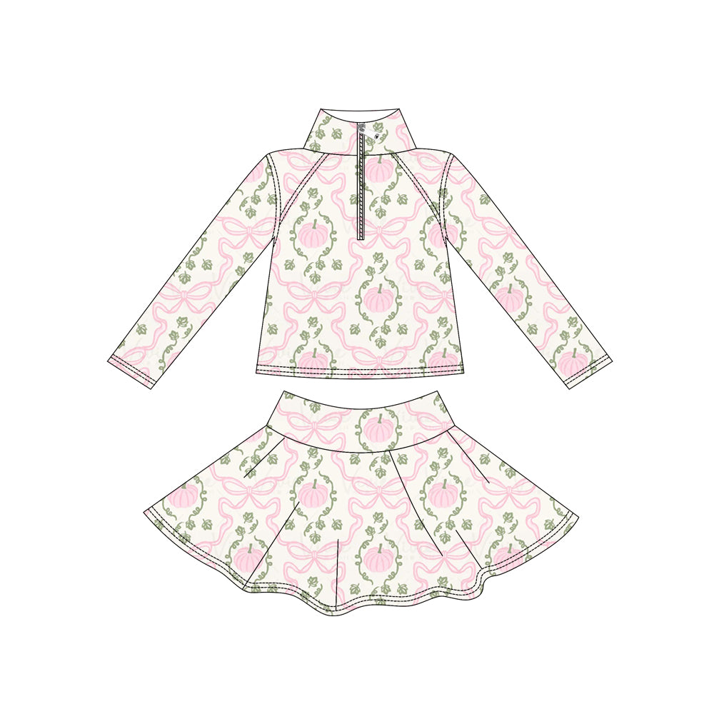 5.15 Pre order No Moq Baby Girls Pumpkin Bow Printed Halloween Long Sleeve Top Short Skirt Active Wear Set