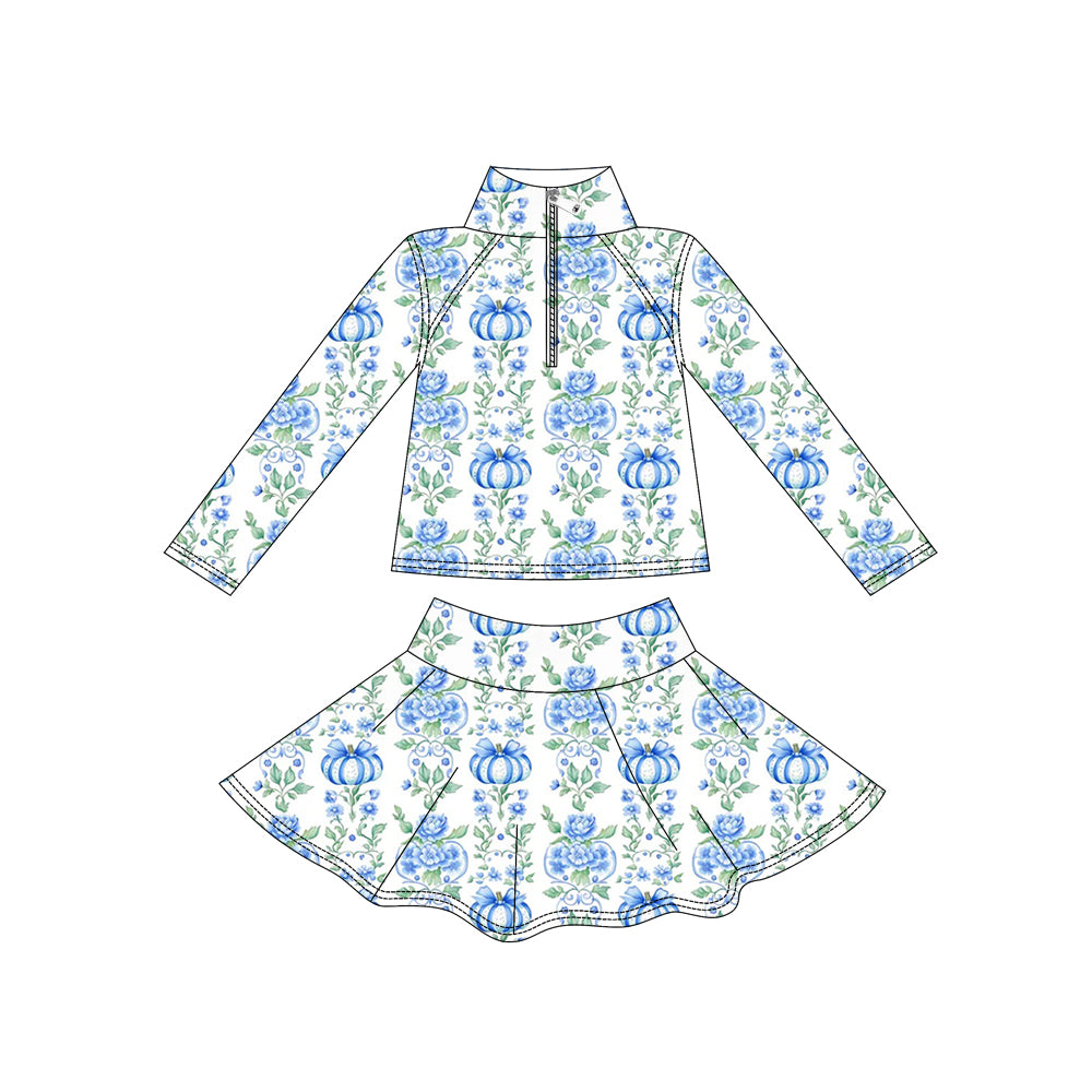 5.15 Pre order No Moq Baby Girls Pumpkin Bow Printed Halloween Long Sleeve Top Short Skirt Active Wear Set