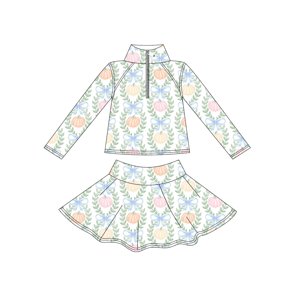 5.15 Pre order No Moq Baby Girls Pumpkin Bow Printed Halloween Long Sleeve Top Short Skirt Active Wear Set