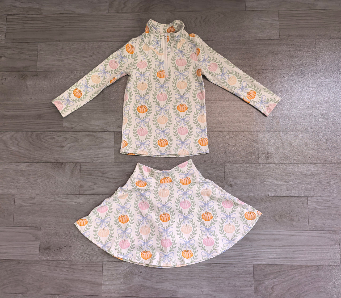 GLD1635（GT1705+GLK0317） Sample No Moq Baby Girls Colorful Pumpkin Bow Zip Pullover Short Skirt Yoga Active Sets