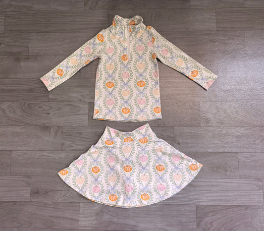 GLD1635（GT1705+GLK0317） Sample No Moq Baby Girls Colorful Pumpkin Bow Zip Pullover Short Skirt Yoga Active Sets