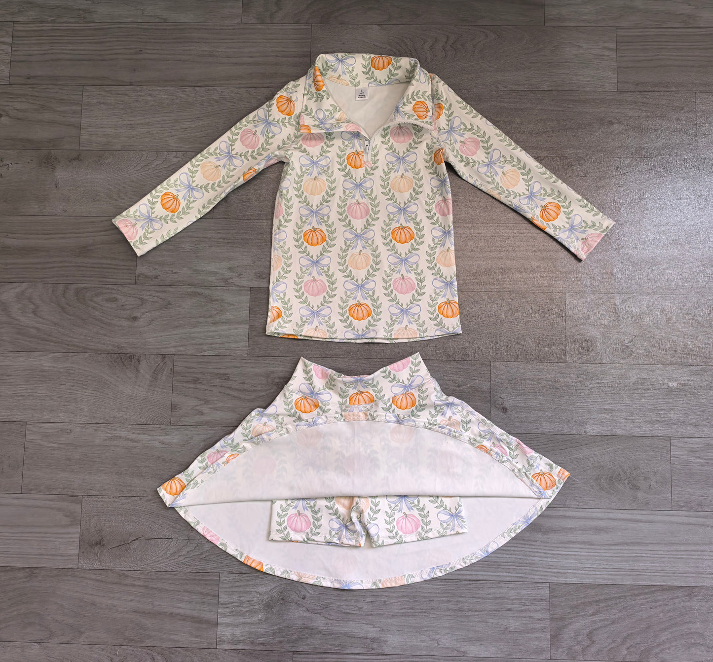 GLD1635（GT1705+GLK0317） Sample No Moq Baby Girls Colorful Pumpkin Bow Zip Pullover Short Skirt Yoga Active Sets