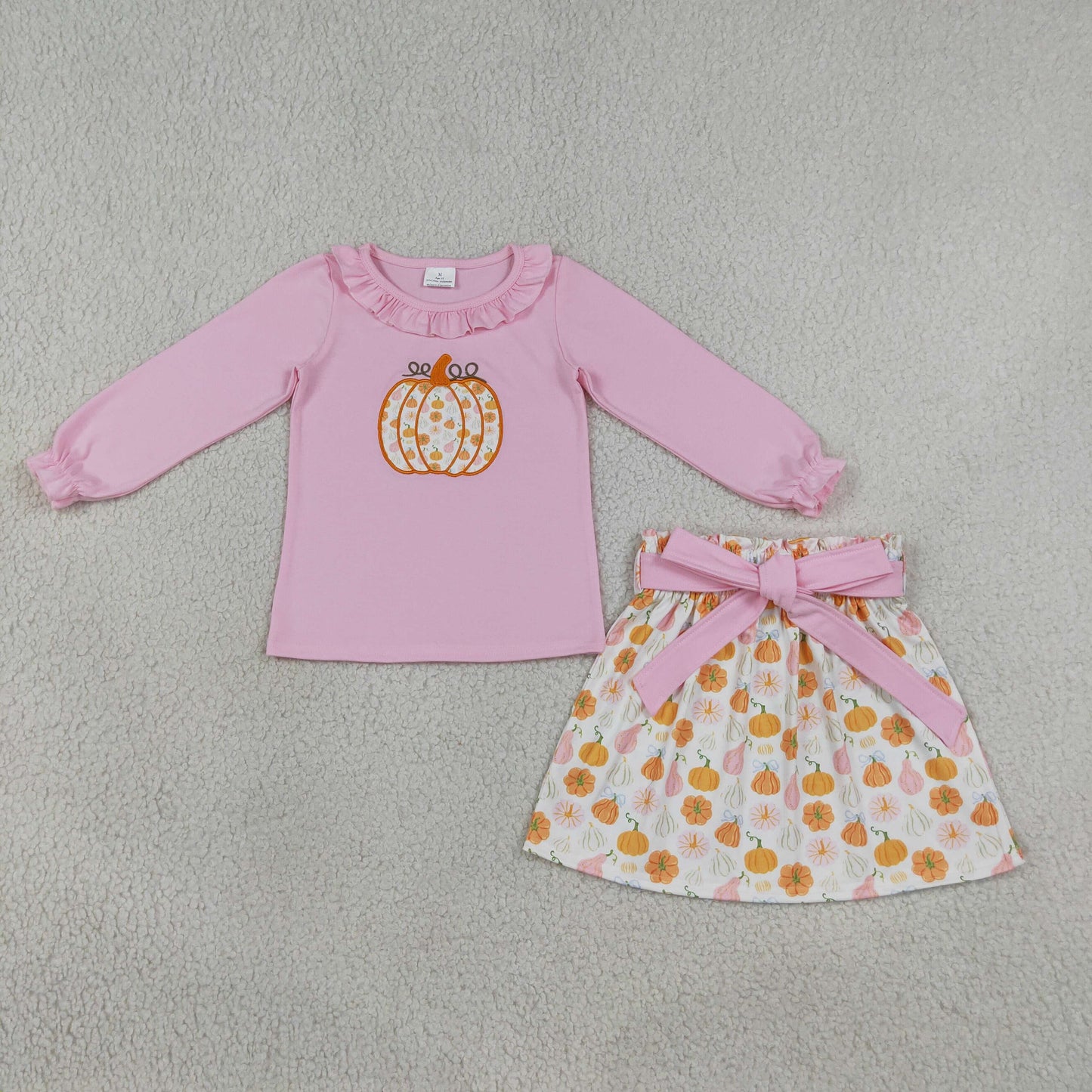 RTS NO MOQ （In stock）milk silk GLD1641  Embroidery Pumpkins Baby Girls Collar Tunic Bows Skirt Fall Clothes Sets