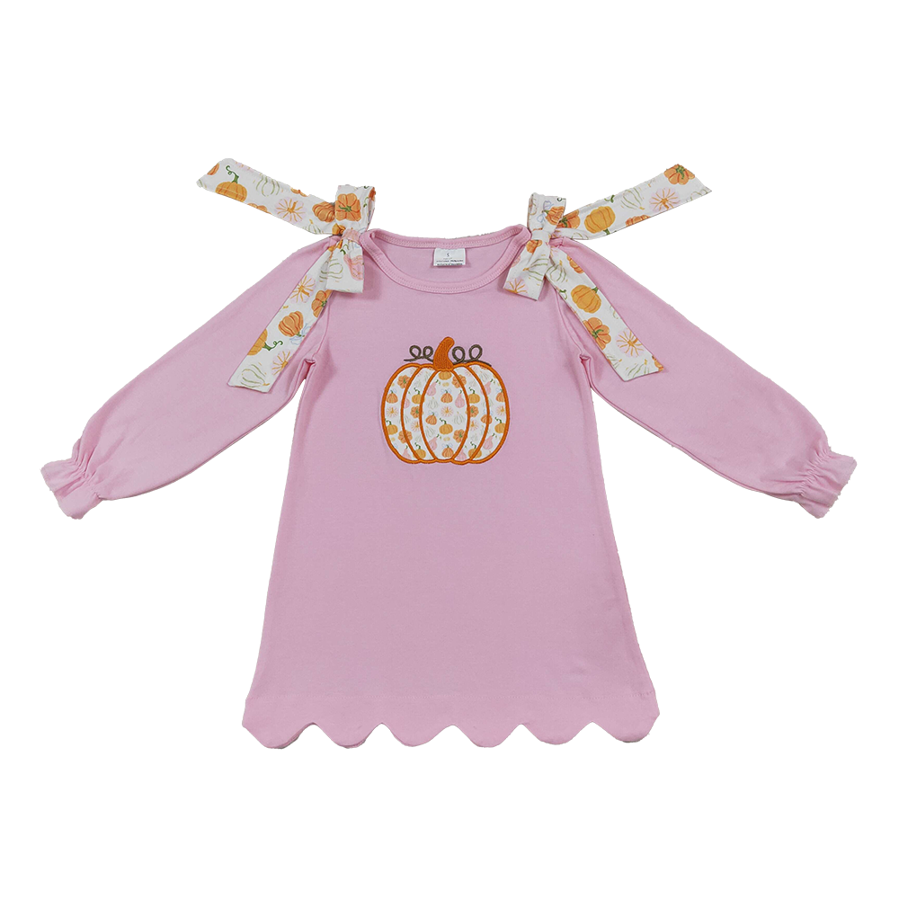 GLD1642 RTS NO MOQ （In stock） milk silk Embroidery Baby Girls Fall Pumpkin Long Ruffle Sleeve Scallop Knee Length Casual Wear Dresses