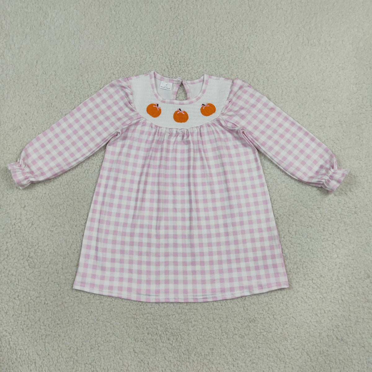RTS NO MOQ （In stock）milk silk GLD1649 Smocked Pumpkins Baby Girls Pink Checked Fall Knee Length Dresses