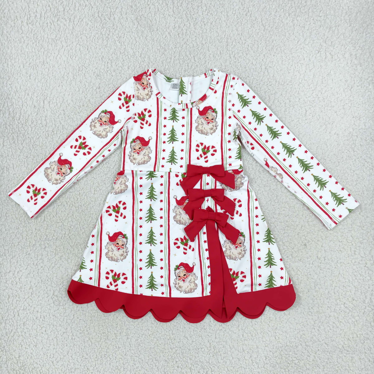RTS NO MOQ Sibling yoga fabric Baby Girls Yoga Christmas Long Sleeve Scallop Dress With Back Bow