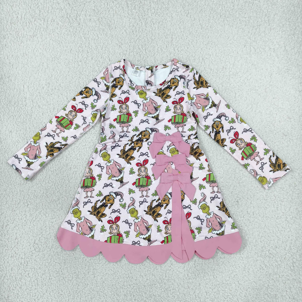 RTS NO MOQ Sibling yoga fabric Baby Girls Yoga Christmas Long Sleeve Scallop Dress With Back Bow