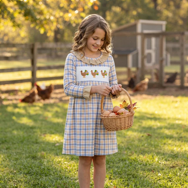 RTS NO MOQ （In stock）milk silk GLD1667 Embroidery Baby Girls Turkey Checked Knee Length Long Sleeve Casual Dress