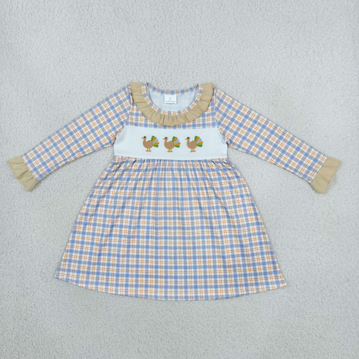 RTS NO MOQ （In stock）milk silk GLD1667 Embroidery Baby Girls Turkey Checked Knee Length Long Sleeve Casual Dress