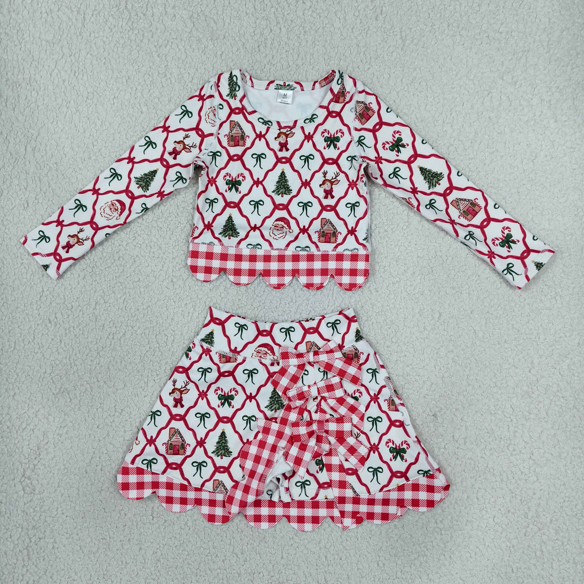 RTS NO MOQ （In stock）yoga fabric GLD1676 Baby Girls Gingerbread Bows Top Bows Skirt Short Christmas Yoga Active Scallop Clothes Set