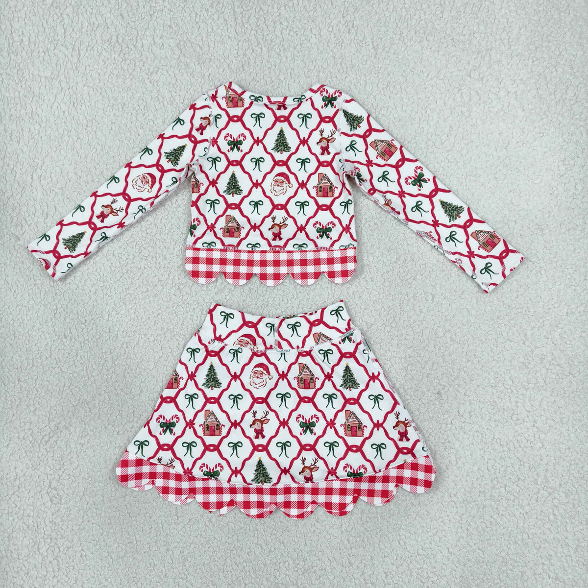 RTS NO MOQ （In stock）yoga fabric GLD1676 Baby Girls Gingerbread Bows Top Bows Skirt Short Christmas Yoga Active Scallop Clothes Set