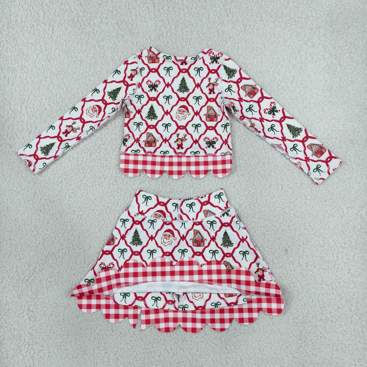 RTS NO MOQ （In stock）yoga fabric GLD1676 Baby Girls Gingerbread Bows Top Bows Skirt Short Christmas Yoga Active Scallop Clothes Set