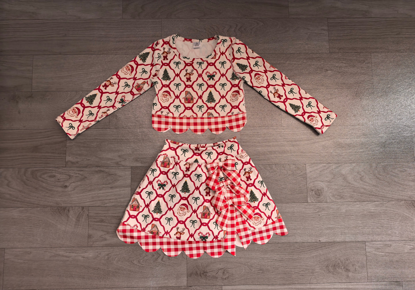 GLD1676 Sample No Moq yofa fabric Baby Girls Gingerbread Bows Top Bows Skirt Short Christmas Yoga Active Scallop Clothes Set